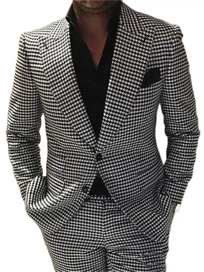 2-Piece Plaid Men’s Suit — Houndstooth Checkered Wedding Groom Tuxedo, Jacket & Pants Fashion Set