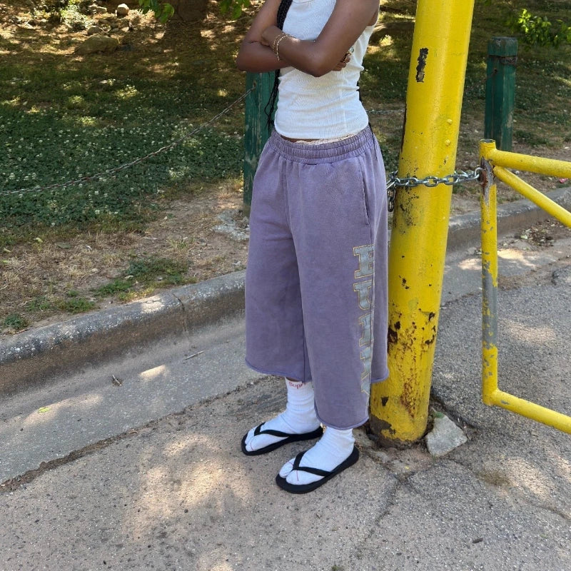 Y2K Purple Capri Shorts - Retro Sunfade Letter Print Baggy Streetwear Pants