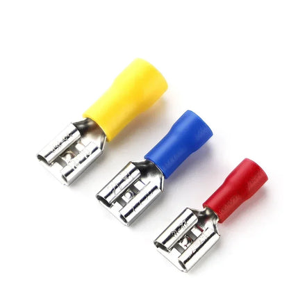 100/50/10PCS Insulated Female Crimp Wire Terminals – 2.8mm 4.8mm 6.3mm Spade Electrical Connectors (Red, Blue, Yellow)