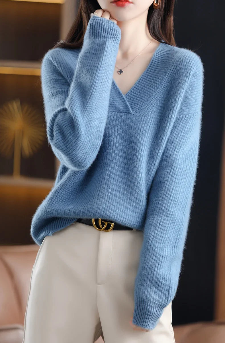 Women’s Knitted V-Neck Sweater – Long Sleeve Solid Pullover Knit Top