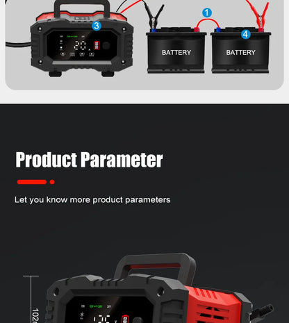 12V/24V Fully Automatic Smart Battery Charger — 7-Segment Pulse Repair for AGM, GEL, WET Lead-Acid Car Batteries