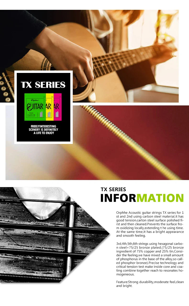 Orphee Acoustic Guitar Strings – 6Pcs/Set, Hexagonal Core, Full Bright Tone, TX620/TX630/TX640, Folk Guitar Accessories