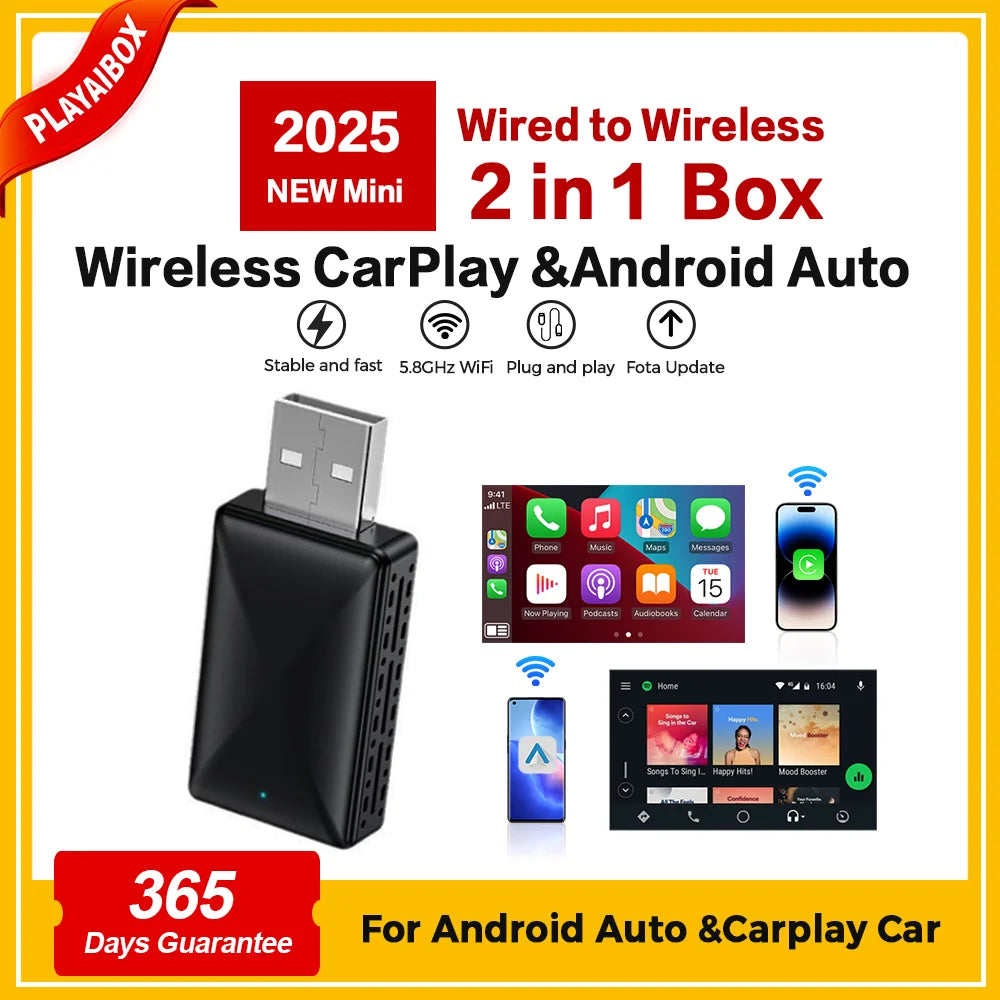 PLAYAIBOX Wireless CarPlay Adapter – 2-in-1 Dongle for Wireless CarPlay & Android Auto for iPhone & Android (Benz, Audi, Kia, Chery, Jeep)
