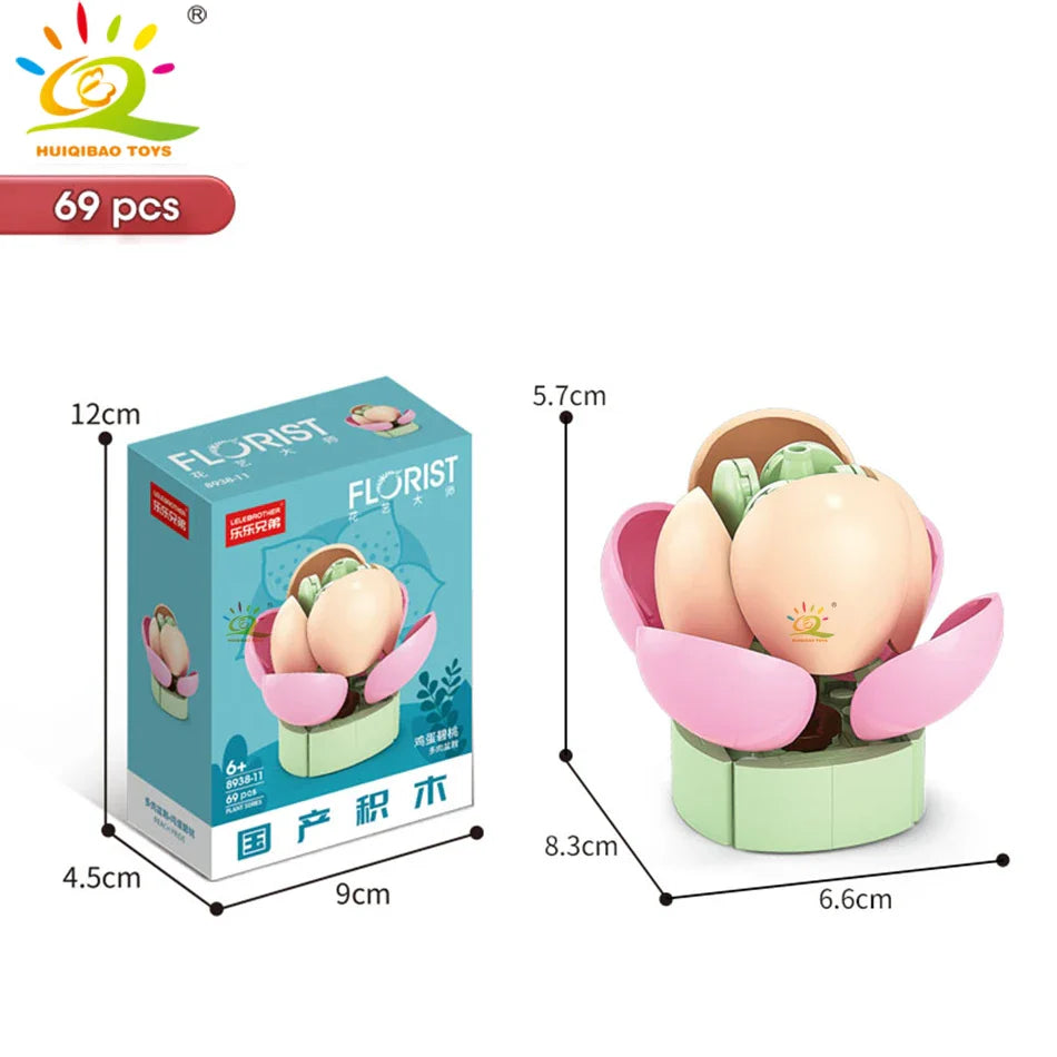 HUIQIBAO MOC Flower & Succulent Potted Building Block Set – DIY Eternal Bouquet, Home Desk Plant Decor, Girls & Kids Toy Gift