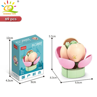 HUIQIBAO MOC Flower & Succulent Potted Building Block Set – DIY Eternal Bouquet, Home Desk Plant Decor, Girls & Kids Toy Gift