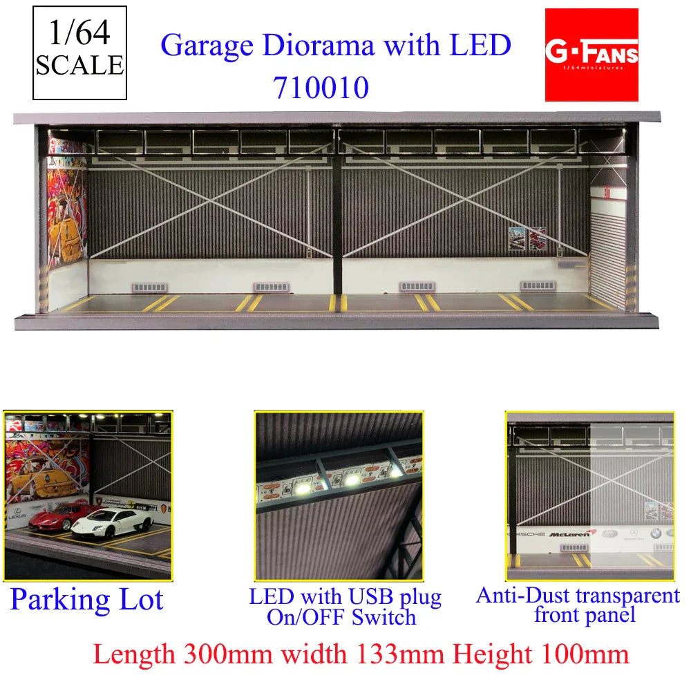 GFans 1:64 Scale Diorama Car Garage Model – LED Lighted Parking Lot DIY City Set for Collection & Display Gifts