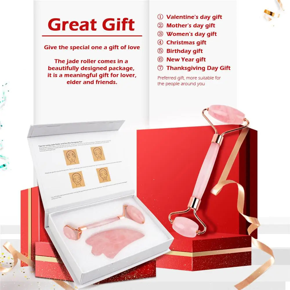 Rose Quartz Jade Roller & Gua Sha Set: Natural Facial & Body Massager for Face Lifting - Beauty Massage Tools with Jade Stone