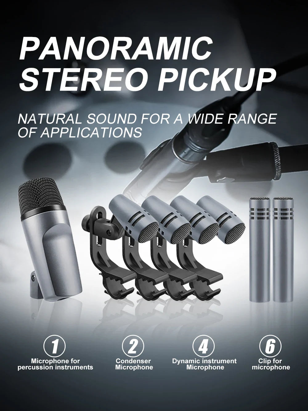 E608 Kick Drum Microphone 7-Piece Kit - For Bass, Snare, Toms, Cymbals, Studio & Live Performance Recording