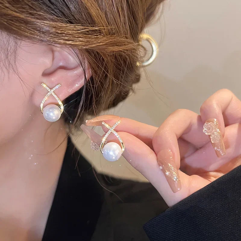 Korean Vintage Pearl & Crystal Earrings for Women — Luxury Zircon Flower, Butterfly & Leaf Stud Jewelry