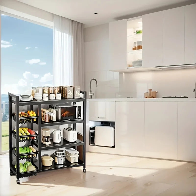 Heavy-Duty 4-Tier Metal Mesh Basket Rack — Rolling Storage Organizer with Locking Wheels for Kitchen & Restaurant Vegetables