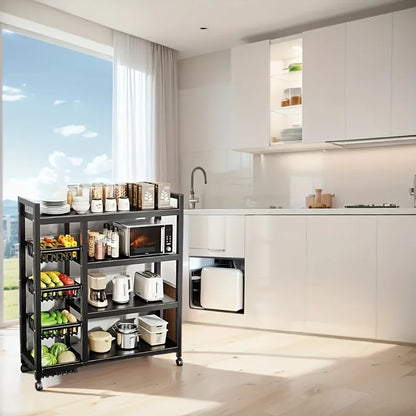 Heavy-Duty 4-Tier Metal Mesh Basket Rack — Rolling Storage Organizer with Locking Wheels for Kitchen & Restaurant Vegetables