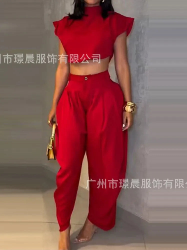 Women’s Summer Two-Piece Set – High Waist Trousers & Elegant Black Top for Casual Fashion