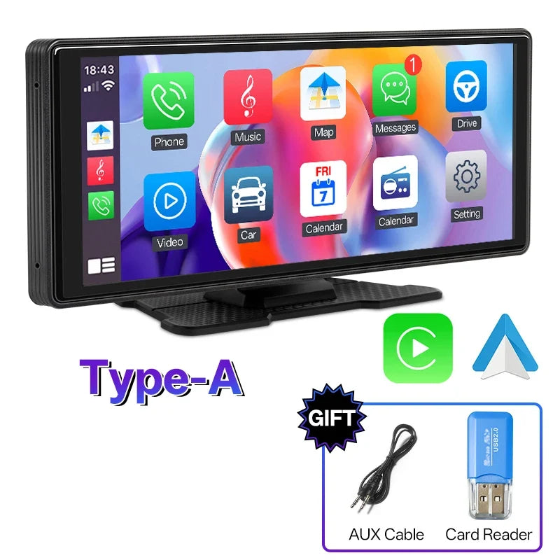 10.26" Portable Car Stereo - Wireless CarPlay & Android Auto Touchscreen with GPS Navigation and FM Multimedia Player