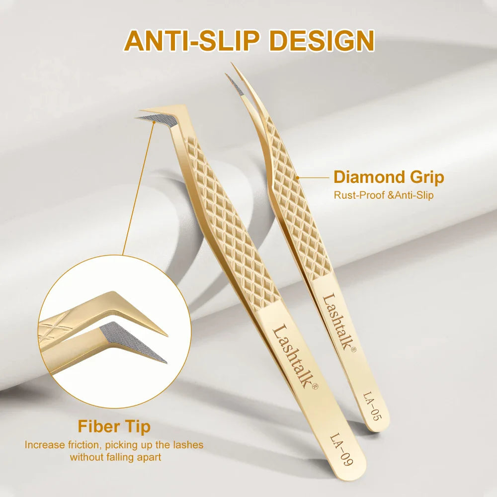 Lashtalk Precision Fiber Tip Tweezer - Diamond Grip Anti-Slip Gold Stainless Steel for Eyelash Extensions Makeup by Nagaraku