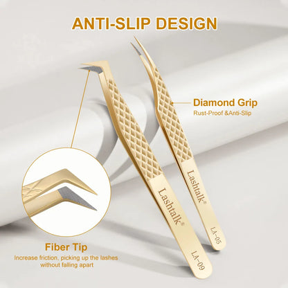 Lashtalk Precision Fiber Tip Tweezer - Diamond Grip Anti-Slip Gold Stainless Steel for Eyelash Extensions Makeup by Nagaraku