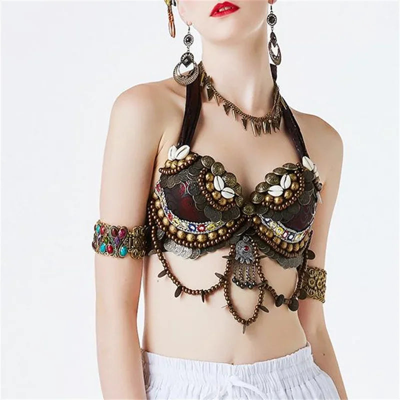 Women’s Hand-Beaded Adjustable Tribal Bra – Belly Dance & Gypsy Performance Costume