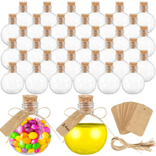 Spherical Plastic Potion Bottles - 3.4oz Round Ball Bottles with Corks & Tags for Sand Art, Candy & Decoration