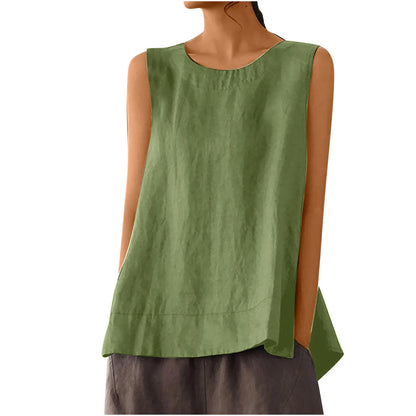 Women’s Summer Oversized Linen Vest Top - Retro Solid Color Sleeveless Round Neck Casual Breathable Shirt