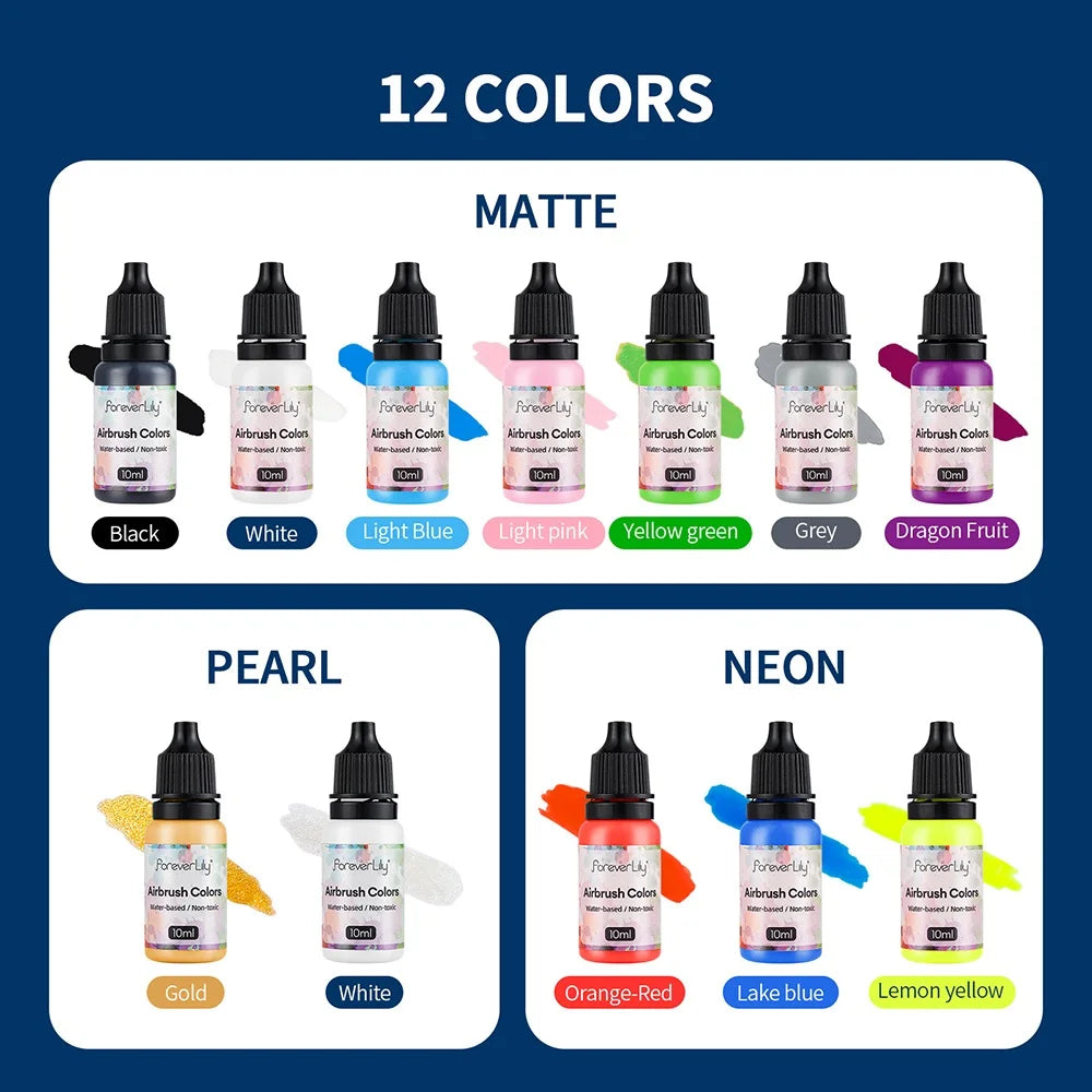 12pcs Airbrush Nail Ink Paint Set – Colorful Nail Polish for Spray Gun, Stencil & Hollow Pattern Art Tools