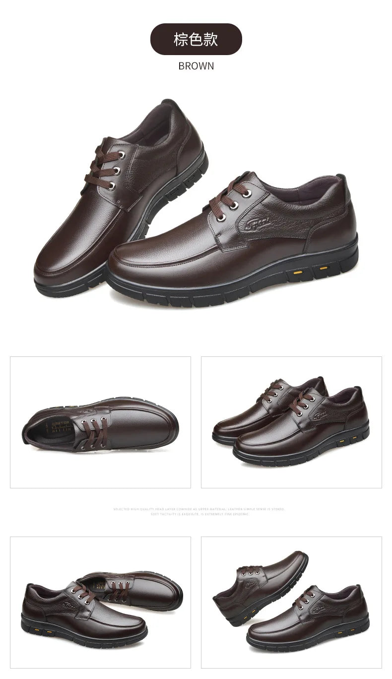 Men's Genuine Leather Casual Shoes - Soft Sole Lace-Up Loafers, Luxury Brand for Middle-Aged & Older Adults, Lightweight Dad Shoes