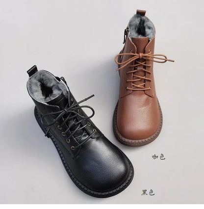 Careaymade 100% Genuine Leather Wide Casual Women’s Short Boots – Big Size, Handmade Men’s Wool Boots