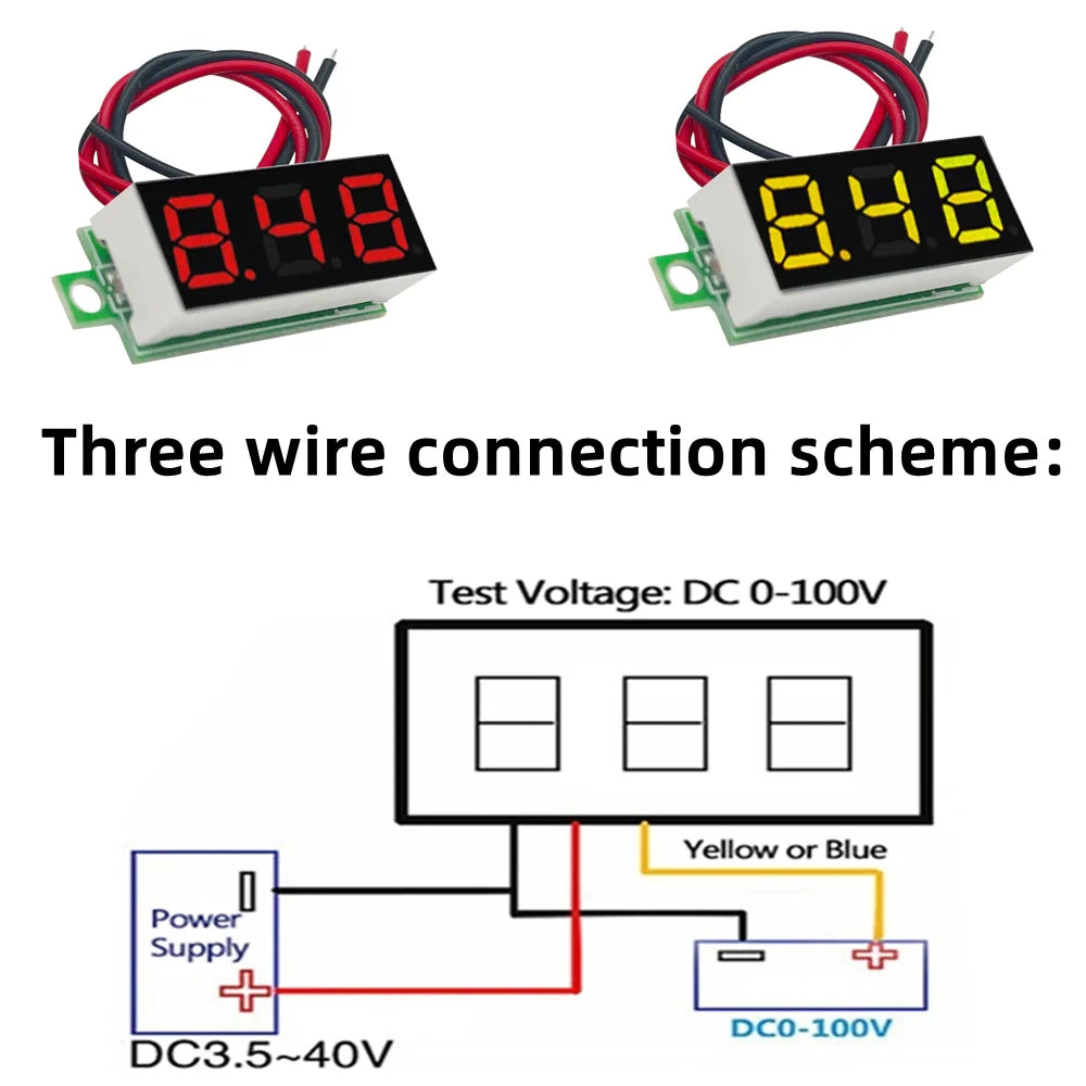 0.28 Inch DC LED Digital Voltmeter - 0-100V Voltage Meter for Auto Car, Mobile Power, with Red, Green, Blue, Yellow Display