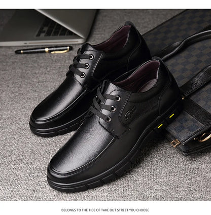 Men's Genuine Leather Casual Shoes - Soft Sole Lace-Up Loafers, Luxury Brand for Middle-Aged & Older Adults, Lightweight Dad Shoes