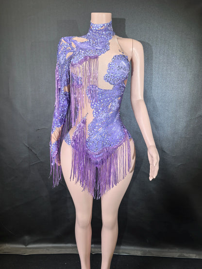Sexy Blue Rhinestone Skinny Leotard – One-Shoulder Fringe Dance Costume for Singers & Dancers