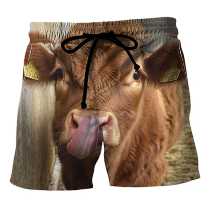Funny Cow Print Beach Shorts - Men’s 3D Animal Print Summer Swim Trunks