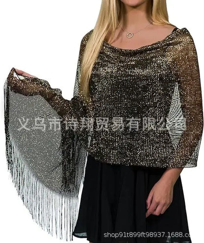 Gold & Silver Thread Tassel Scarf – Elegant Beach, Wedding & Party Fashion Shawl Accessory SJ15