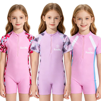 Girls' Pink One-Piece Swimsuit - Cute Short-Sleeve Kids Beach Swimwear for Ages 3–10