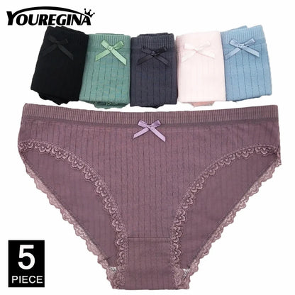 Women’s Cotton Lace Panties Set - 5Pcs Sexy Bikini Briefs with Striped Print Underwear for Ladies & Girls