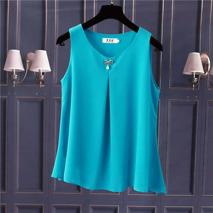 Women's Chiffon V Neck Blouse - Loose Sleeveless Plus Size Fashion Top M-5XL