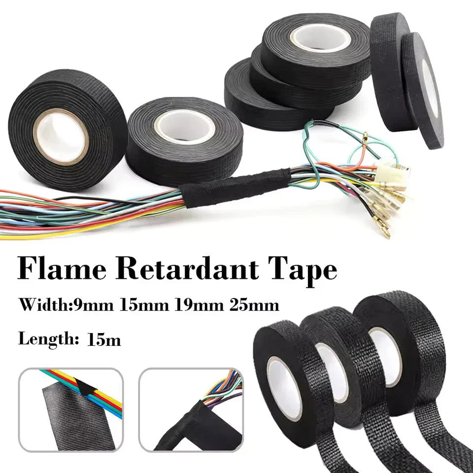 15M Heat-Resistant Flame Retardant Cloth Tape – Coroplast Adhesive Wiring Loom Protection for Car Cable Harness
