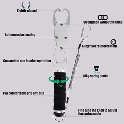 SAMOLLA Aluminum Fishing Grip Pliers - 18KG Spring Scale 360° Rotating Adjustable Fish Grabber Tool