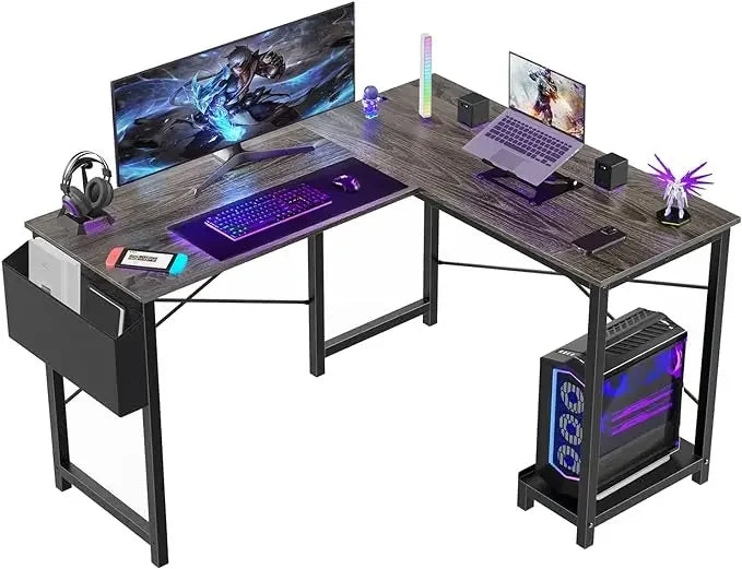 L-Shaped Computer Desk – Wooden Corner Gaming Table with Side Storage Bag for Home Office, Small Spaces, White