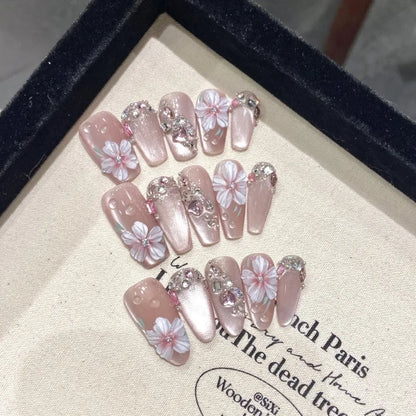 10Pcs Handmade Press-On Nails – Cute Flower & Butterfly Design with Glossy Diamond Full Cover Acrylic Tips