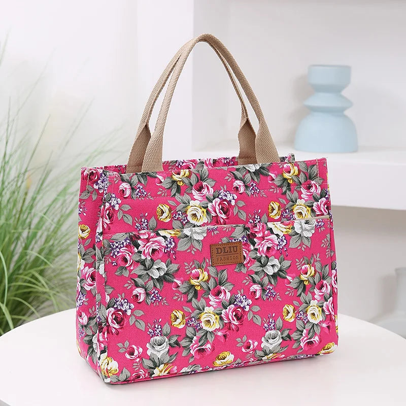 Women’s Floral Print Canvas Tote Bag – Portable Lunch Bag Casual Handbag Bento Mommy Bag for Picnic & Travel
