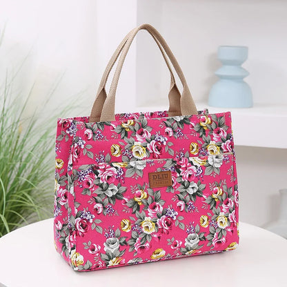 Women’s Floral Print Canvas Tote Bag – Portable Lunch Bag Casual Handbag Bento Mommy Bag for Picnic & Travel
