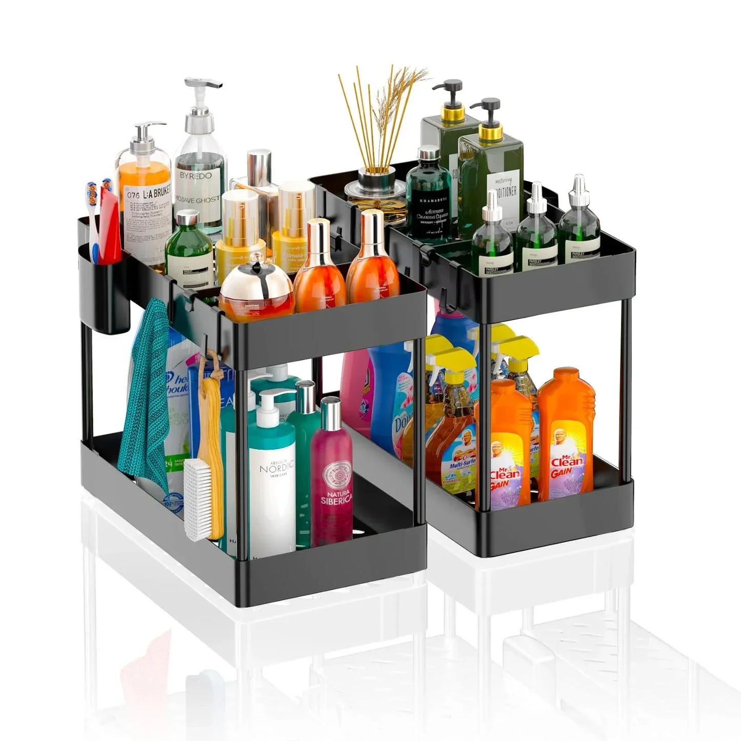 2-Tier Under Sink Sliding Cabinet Organizer — Basket Storage Rack with Hooks for Bathroom & Kitchen
