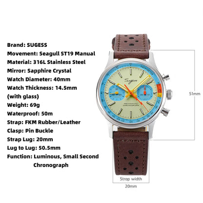 Sugess Pilot Men’s Chronograph Watch — Original ST1901 Mechanical Movement, Sapphire Crystal, Waterproof Racing Strap