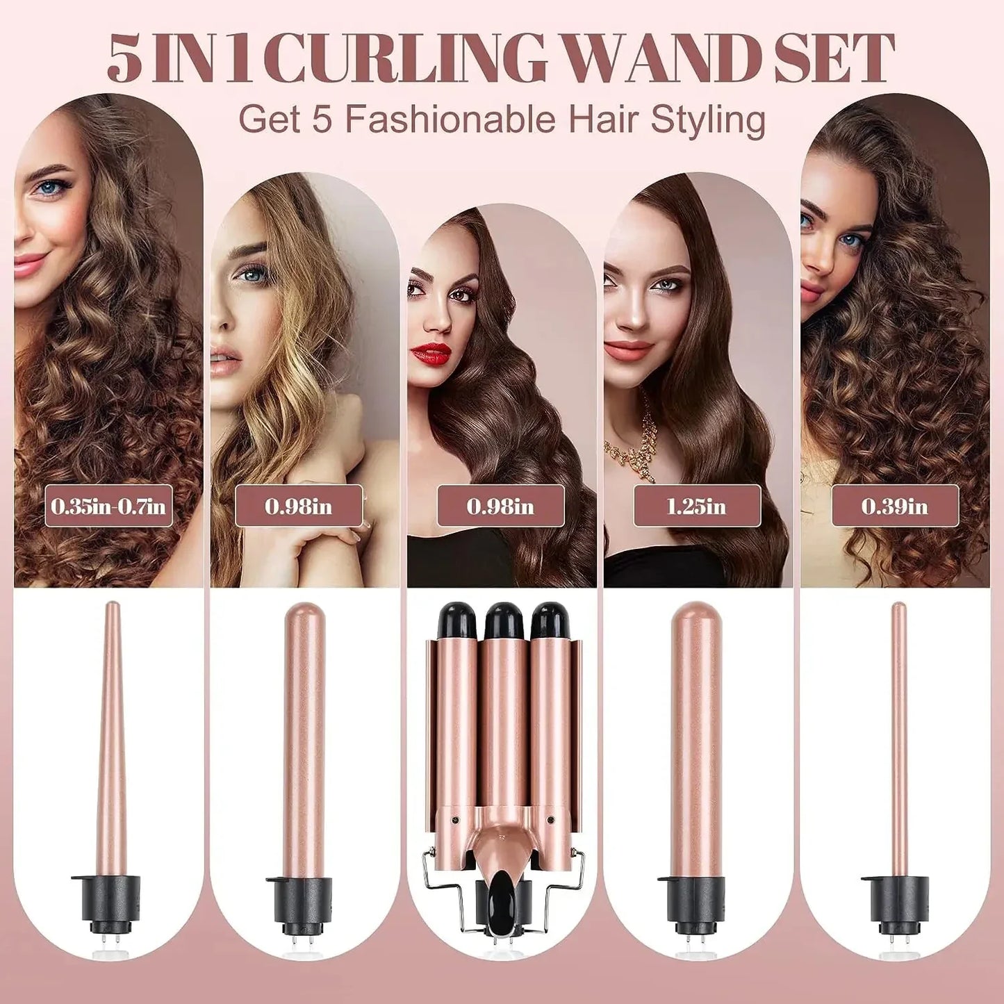 5 in 1 Hair Curler Wand Set with Curling Brush – 0.35” to 1.25” Curling Iron, Heat Resistant Glove & Hair Clips