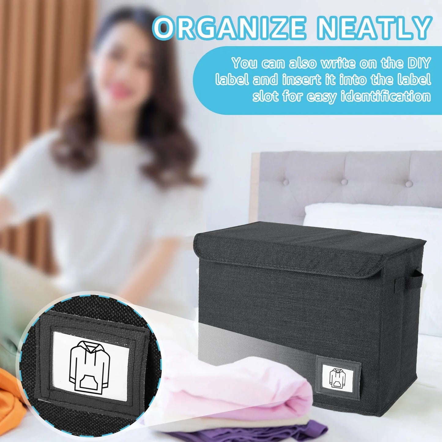 Foldable Clothing Storage Box with Lid – Washable Comic Book Organizer Bin with Handle, Multipurpose Home & Office Storage Container