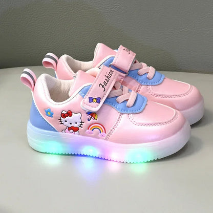 LED Kids Shoes for Girls — Cute Hello Kitty Cartoon Canvas Sneakers, Soft-Bottom Casual Shoes, Baby Girl Kawaii Footwear