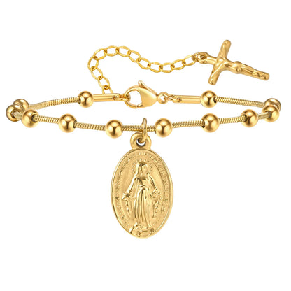 Vnox Gold Plated Rosary Bracelet – Stainless Steel Cross & Virgin Mary Religious Prayer Jewelry for Women & Girls Gift Accessories