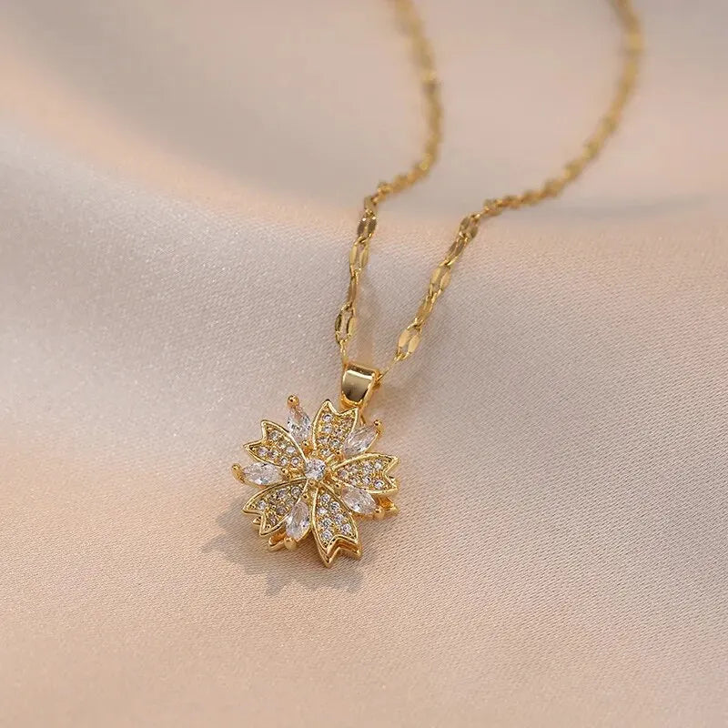 Light Luxury Gold Zircon Flower Pendant Necklace for Women – Elegant Spin Design High-End Party Jewelry Gift Chain Necklace