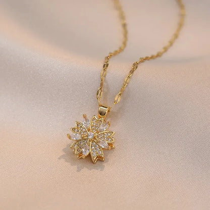 Light Luxury Gold Zircon Flower Pendant Necklace for Women – Elegant Spin Design High-End Party Jewelry Gift Chain Necklace
