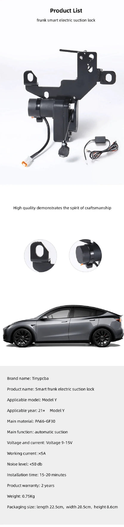 Tesla Model 3/Y/X/S 2021-2024 Frunk Soft Closing Lock – Automatic Electric Front Trunk Auto Close Closer