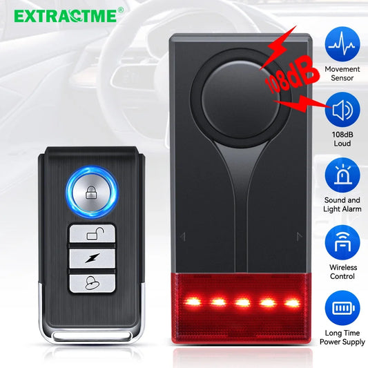 Extractme 108dB Wireless Car Anti-Theft Alarm – Vibration Sound & Light Vehicle Security System with Remote for Doors & Windows