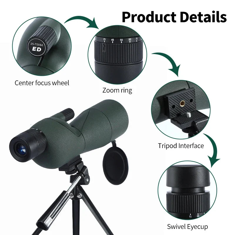 25–75x60 Zoom Spotting Scope – ED Lens Bak4 Prism Monocular Telescope for Bird Watching & Camping